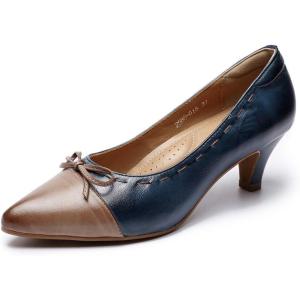 imageMona flying Womens Leather Elegant Pointed Toe Bowknot Pumps Ladies Kitten Heels Dressy Casual Office Work ShoesCoffeenavy Blue