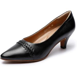 imageMona flying Womens Leather Pump Med Heel Pointed Toe Office Dress Shoes for LadiesBlackness