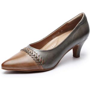 imageMona flying Womens Leather Pump Med Heel Pointed Toe Office Dress Shoes for LadiesCoffee Grey