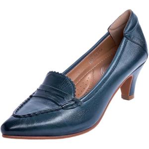 imageMona flying Womens Leather Pump Med Heel Pointed Toe Office Dress Shoes for LadiesDark Blue