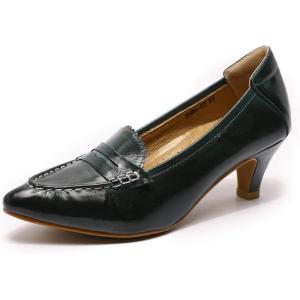 imageMona flying Womens Leather Pump Med Heel Pointed Toe Office Dress Shoes for LadiesDark Green