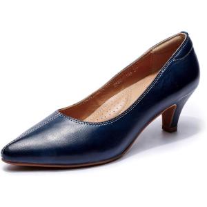 imageMona flying Womens Leather Pump Med Heel Pointed Toe Office Dress Shoes for LadiesNavy Blue