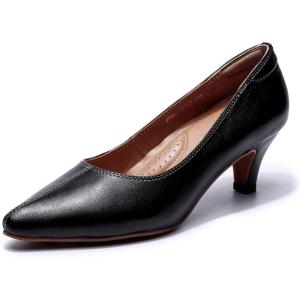 imageMona flying Womens Leather Pump Med Heel Pointed Toe Office Dress Shoes for LadiesPure Black