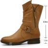 imageMona flying Womens Comfort Mid Calf Leather Booties Inside zip Fashion Round Toe Biker Boots Low Heel Dress Engineer BootsBrown