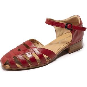 imageMona flying Women Leather Tatianna Dress Sandals Closed Toe Low Heels Strappy Flats Summer Casual ShoesRed