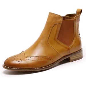 imageMona flying Womens Classic Leather Chelsea Boot Ankle High Fashion Low Heel Pull on Wingtip Brogue BootiesBrown