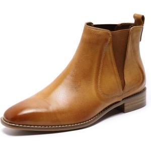 imageMona flying Womens Classic Leather Chelsea Boot Low Heel Pull on Ankle Booties Square ToeBrown