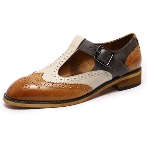 imageMona flying Womens Classic Wingtip Oxfords Mary Jane T Strap Flat Leather Shoes for LadiesBrownoffwhitedark Grey