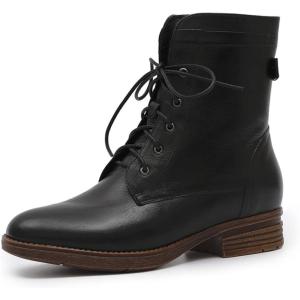 imageMona flying Womens Combat Boots Mid Calf Side Zipper Fashion Lace up Soft Leather Booties Low HeelBlack