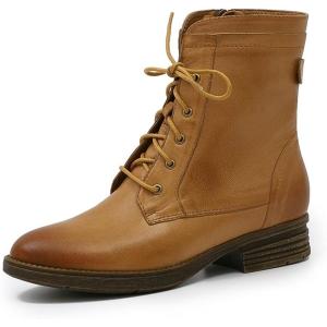 imageMona flying Womens Combat Boots Mid Calf Side Zipper Fashion Lace up Soft Leather Booties Low HeelBrown