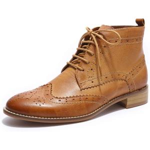 imageMona flying Womens Comfort Leather Laceup Oxfords Brogue Boots Ankle High Fashion Tie up Booties Low Heel Combat BootsBrown
