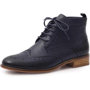 imageMona flying Womens Comfort Leather Laceup Oxfords Brogue Boots Ankle High Fashion Tie up Booties Low Heel Combat BootsDark Blue