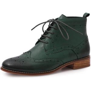 imageMona flying Womens Comfort Leather Laceup Oxfords Brogue Boots Ankle High Fashion Tie up Booties Low Heel Combat BootsDark Green