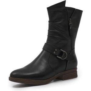 imageMona flying Womens Comfort Mid Calf Leather Booties Inside zip Fashion Round Toe Biker Boots Low Heel Dress Engineer BootsBlack