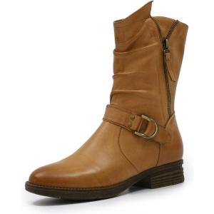 imageMona flying Womens Comfort Mid Calf Leather Booties Inside zip Fashion Round Toe Biker Boots Low Heel Dress Engineer BootsBrown