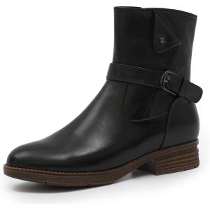 imageMona flying Womens Comfort Mid Calf Leather Booties Inside zip Fashion Round Toe Biker Boots Low Heel Dress Engineer BootsDeep Black