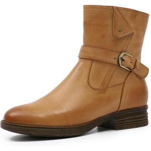 imageMona flying Womens Comfort Mid Calf Leather Booties Inside zip Fashion Round Toe Biker Boots Low Heel Dress Engineer BootsTan