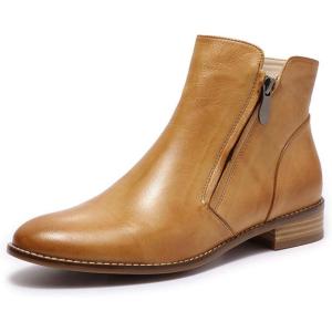 imageMona flying Womens Leather Booties Ankle Boots Side Zippers Low Heel Dress Short Boots for LadiesBrown