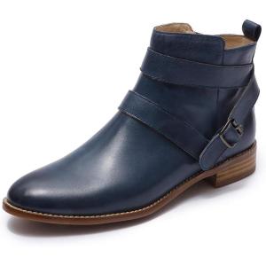 imageMona flying Womens Leather Booties Ankle Boots with Side Zippers Low Heel Short Engineer Boots for LadiesBlue
