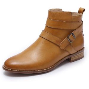 imageMona flying Womens Leather Booties Ankle Boots with Side Zippers Low Heel Short Engineer Boots for LadiesBrown