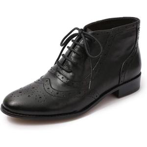 imageMona flying Womens Leather Laceup Wingtip Oxfords Brogue Boots Ankle High Vintage Tie up Booties Ladies Low Heel Short BootsBlack