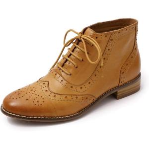 imageMona flying Womens Leather Laceup Wingtip Oxfords Brogue Boots Ankle High Vintage Tie up Booties Ladies Low Heel Short BootsBrown