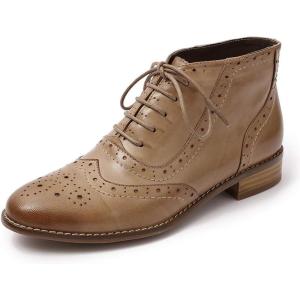 imageMona flying Womens Leather Laceup Wingtip Oxfords Brogue Boots Ankle High Vintage Tie up Booties Ladies Low Heel Short BootsCoffee