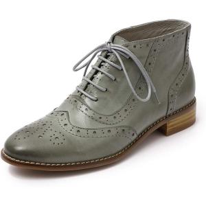 imageMona flying Womens Leather Laceup Wingtip Oxfords Brogue Boots Ankle High Vintage Tie up Booties Ladies Low Heel Short BootsGrey18