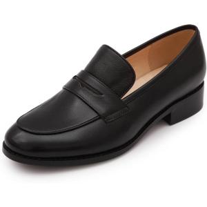 imageMona flying Womens Comfort Leather Round Toe Penny Loafers Dress Casual Slip On Flats Ladies Office Work ShoesBlack