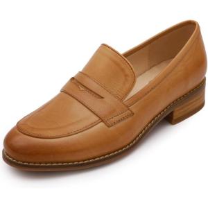 imageMona flying Womens Comfort Leather Round Toe Penny Loafers Dress Casual Slip On Flats Ladies Office Work ShoesBrown