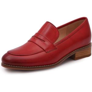 imageMona flying Womens Comfort Leather Round Toe Penny Loafers Dress Casual Slip On Flats Ladies Office Work ShoesRed