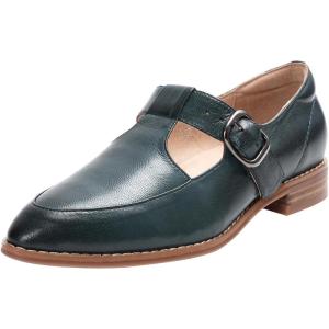 imageMona flying Womens Leather Pointed Toe Mary Jane Loafer Dress Casual Flat T Strap Office Work Shoes for LadiesBlackish Green