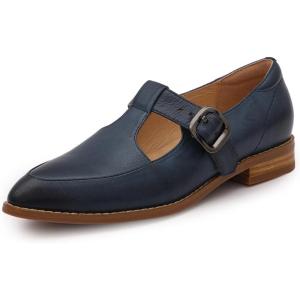 imageMona flying Womens Leather Pointed Toe Mary Jane Loafer Dress Casual Flat T Strap Office Work Shoes for LadiesDark Blue