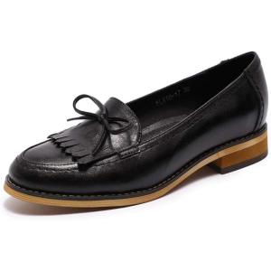 imageMona flying Womens Leather Tassel Loafer Dress Casual Slip on Flat Office Work Shoes for LadiesBlack