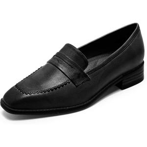 imageMona flying Womens Top Leather Square Toe Penny Loafer Dress Casual Slip on Flat Office Work Shoes for LadiesBlack