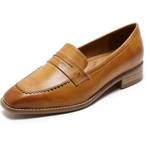 imageMona flying Womens Top Leather Square Toe Penny Loafer Dress Casual Slip on Flat Office Work Shoes for LadiesBrown