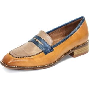 imageMona flying Womens Top Leather Square Toe Penny Loafer Dress Casual Slip on Flat Office Work Shoes for LadiesBrowncoffee
