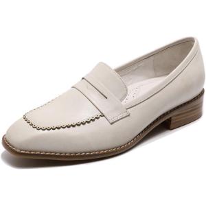 imageMona flying Womens Top Leather Square Toe Penny Loafer Dress Casual Slip on Flat Office Work Shoes for LadiesOffwhite