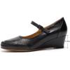 imageMona flying Womens Leather Closed Toe Mary Jane Wedge Pumps Round Toe Mid Heel Dress Shoes for Women LadiesBlack