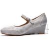 imageMona flying Womens Leather Closed Toe Mary Jane Wedge Pumps Round Toe Mid Heel Dress Shoes for Women LadiesLight Grey