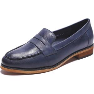 imageMona flying Womens Classy Leather Penny Loafer Dress Casual Slip on Flat Office Work Shoes for LadiesBlue