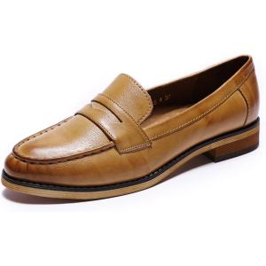 imageMona flying Womens Classy Leather Penny Loafer Dress Casual Slip on Flat Office Work Shoes for LadiesBrown