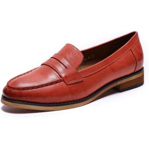 imageMona flying Womens Classy Leather Penny Loafer Dress Casual Slip on Flat Office Work Shoes for LadiesCherry Red