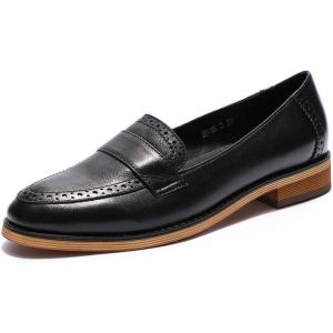 imageMona flying Womens Classy Leather Penny Loafer Dress Casual Slip on Flat Office Work Shoes for LadiesDark Black