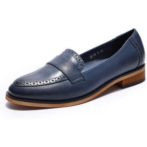 imageMona flying Womens Classy Leather Penny Loafer Dress Casual Slip on Flat Office Work Shoes for LadiesNavy Blue