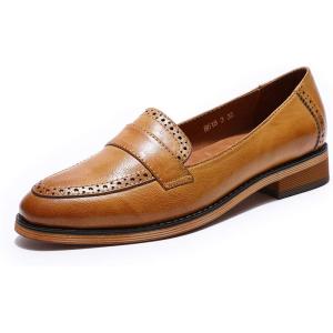 imageMona flying Womens Classy Leather Penny Loafer Dress Casual Slip on Flat Office Work Shoes for LadiesTan