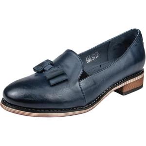 imageMona flying Womens Leather Bow Penny Loafer Business Casual Slip on Flat Office Work Shoes for LadiesBlue