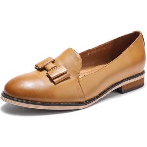 imageMona flying Womens Leather Bow Penny Loafer Business Casual Slip on Flat Office Work Shoes for LadiesBrown