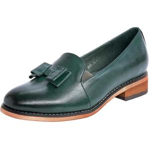 imageMona flying Womens Leather Bow Penny Loafer Business Casual Slip on Flat Office Work Shoes for LadiesDark Green