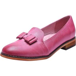 imageMona flying Womens Leather Bow Penny Loafer Business Casual Slip on Flat Office Work Shoes for LadiesPink